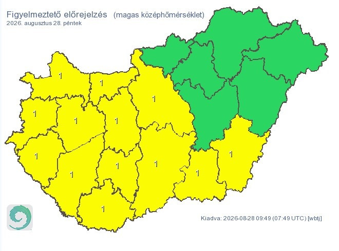 A HungaroMet által magas középhőmérséklet miatt augusztus 28-ára kiadott figyelmeztetés. Forrás: HungaroMet