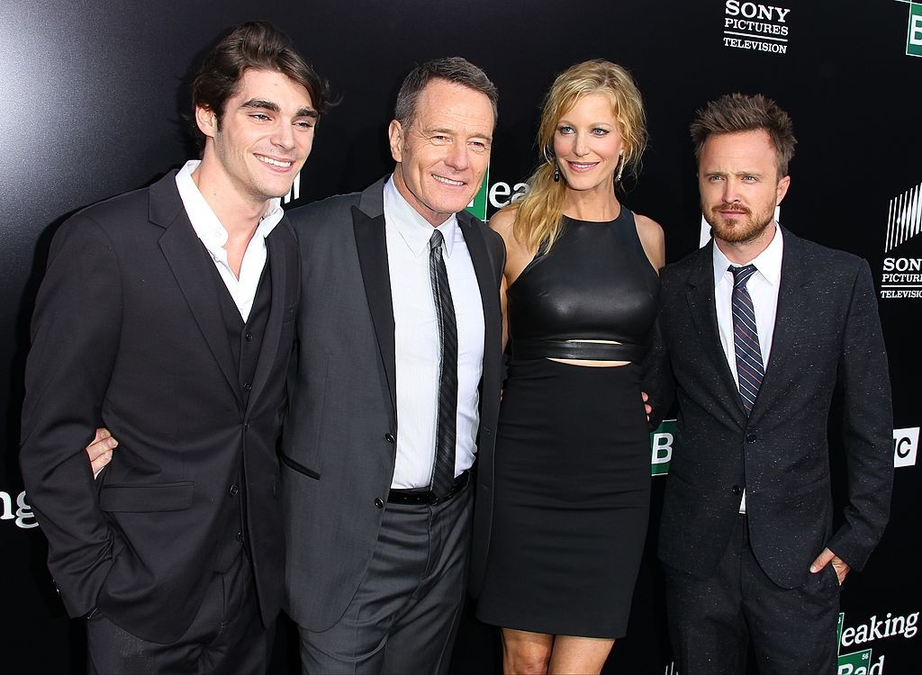 Forrás: Getty Images - A Breaking Bad főszereplői - balról RJ Mitte, Bryan Cranston, Anna Gunn és Aaron Paul