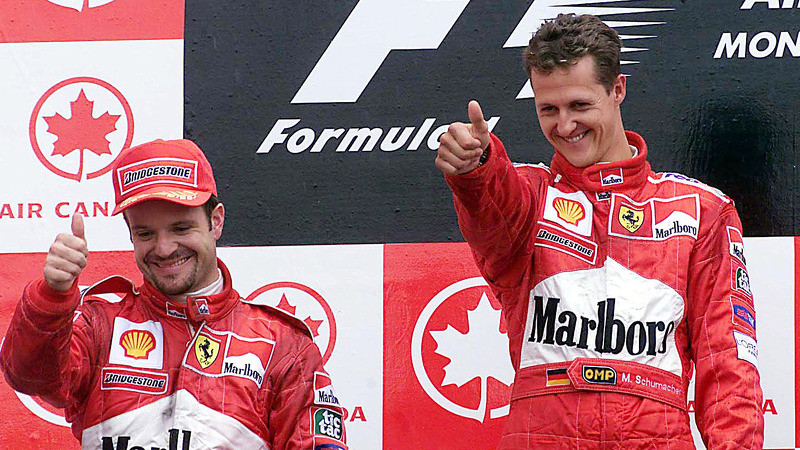 18.06.2000 Montreal, Kanada, Ferraris Michael Schumacher und Rubens Barrichello jubeln heute nach Doppelsieg beim Formel 1 Grand Prix von Kanada in Montreal. ÂŠ xpb.cc