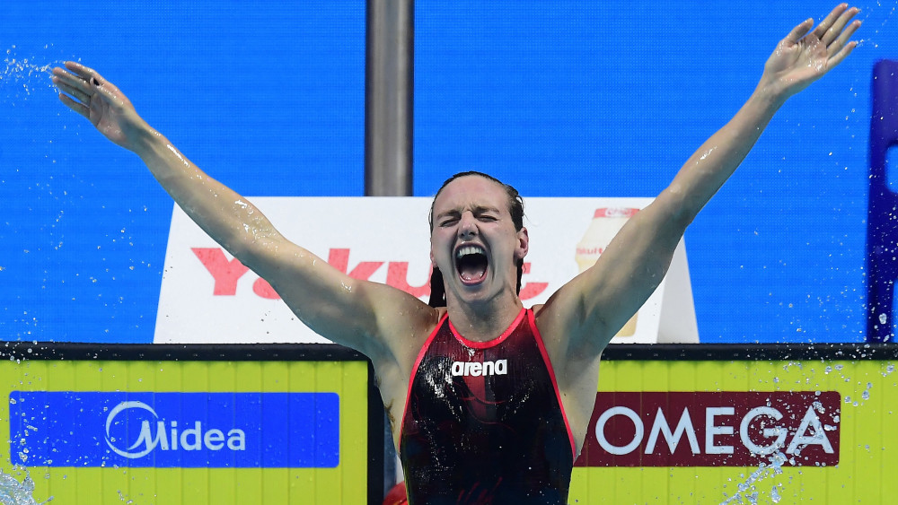 A győztes Hosszú Katinka a női 400 méteres vegyesúszás döntője után a 17. vizes világbajnokságon a Duna Arénában 2017. július 30-án.