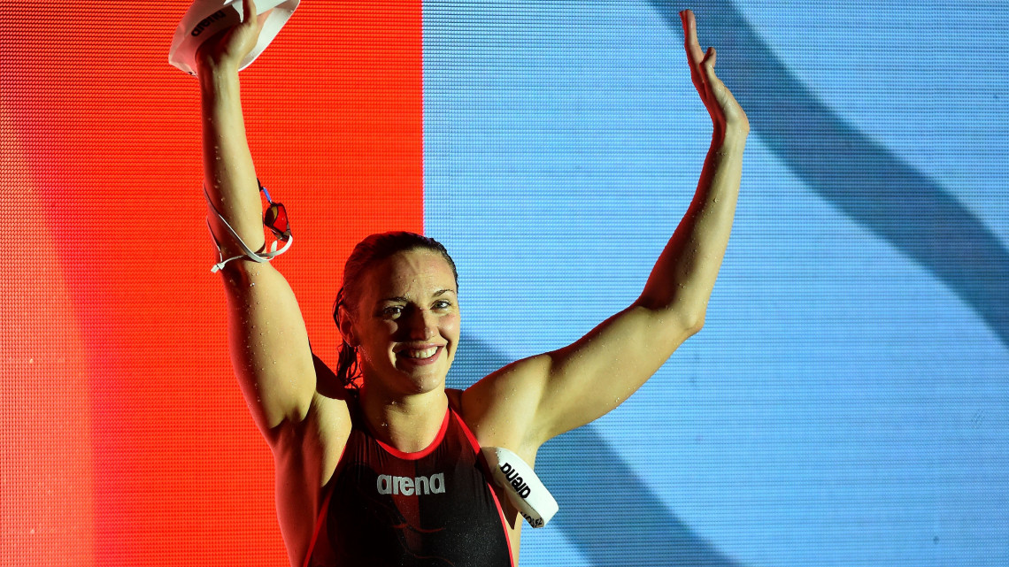 A győztes Hosszú Katinka a 200 méteres vegyesúszás döntőjében az úszó világkupa-sorozat budapesti versenyén a Duna Arénában 2018. október 6-án.