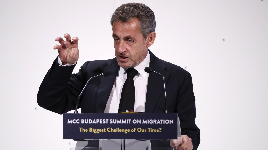 Nicolas Sarkozy korábbi francia államfő beszél a Mathias Corvinus Collegium (MCC) háromnapos migrációs konferenciáján Budapesten, a Várkert Bazárban 2019. március 23-án.