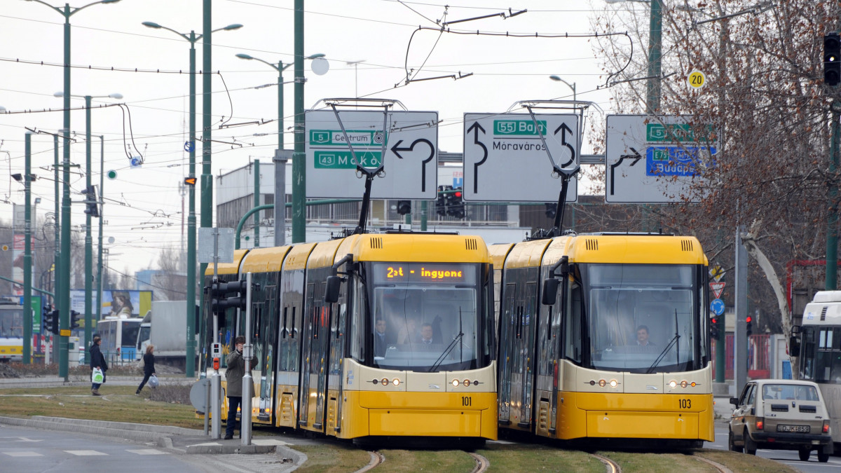 Két Pesa Swing Szeged típusú alacsonypadlós villamos halad a 2-es villamosvonal Rókusi körúti füvesített szakaszán Szegeden. A közel 30 milliárd forintos összköltségvetésű, uniós támogatással megvalósuló szegedi elektromos tömegközlekedés fejlesztési projekt részeként 2-es számmal, a korábbi 1-es vonal szárnyvonalaként új villamosvonal épült Szegeden.