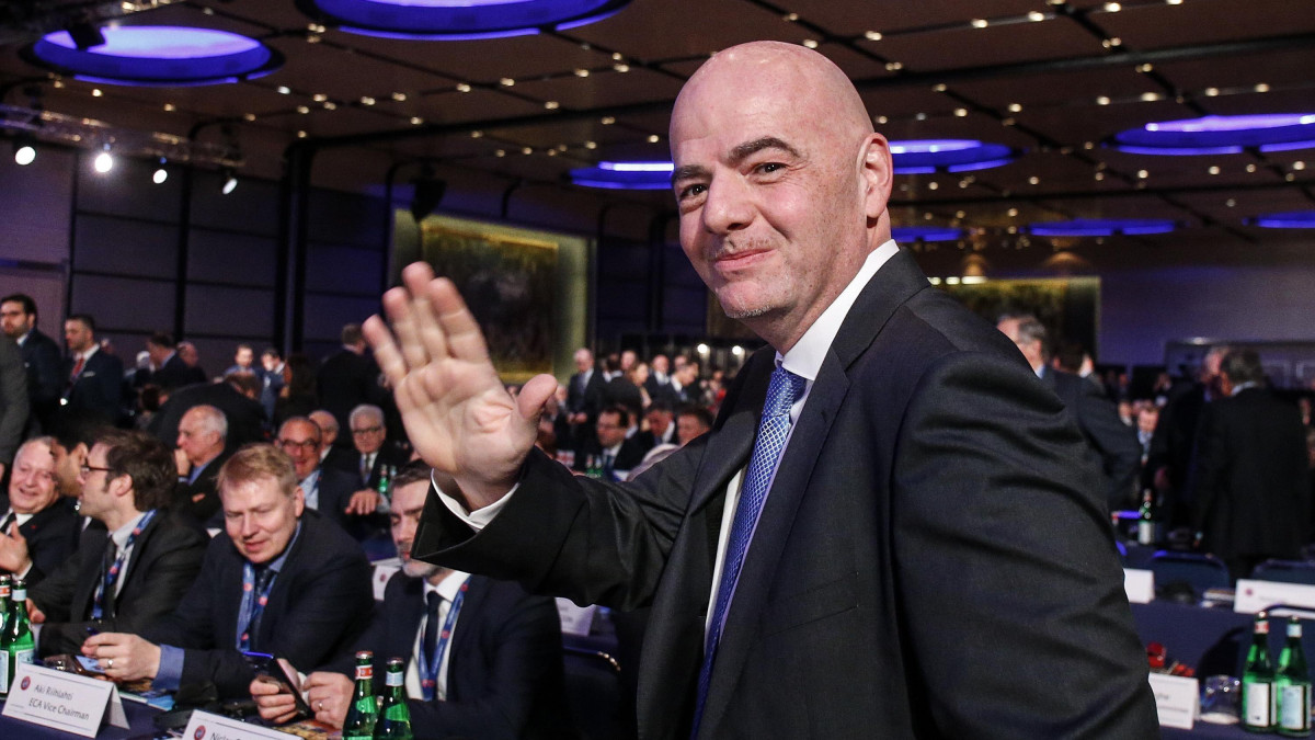 Gianni Infantino, a Nemzetközi Labdarúgó-szövetésg, a FIFA elnöke az Európai Labdarúgó-szövetség, az UEFA 43. tisztújító római kongresszusán 2019. február 7-én.