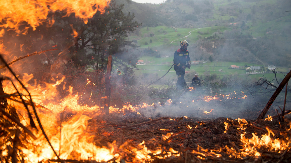 Erdőtűz pusztít az észak-spanyolországi Kantábria tartományban lévő Aes település közelében 2019. március 4-én. Az autonóm közösség területén ötven helyen lángol a növényzet.