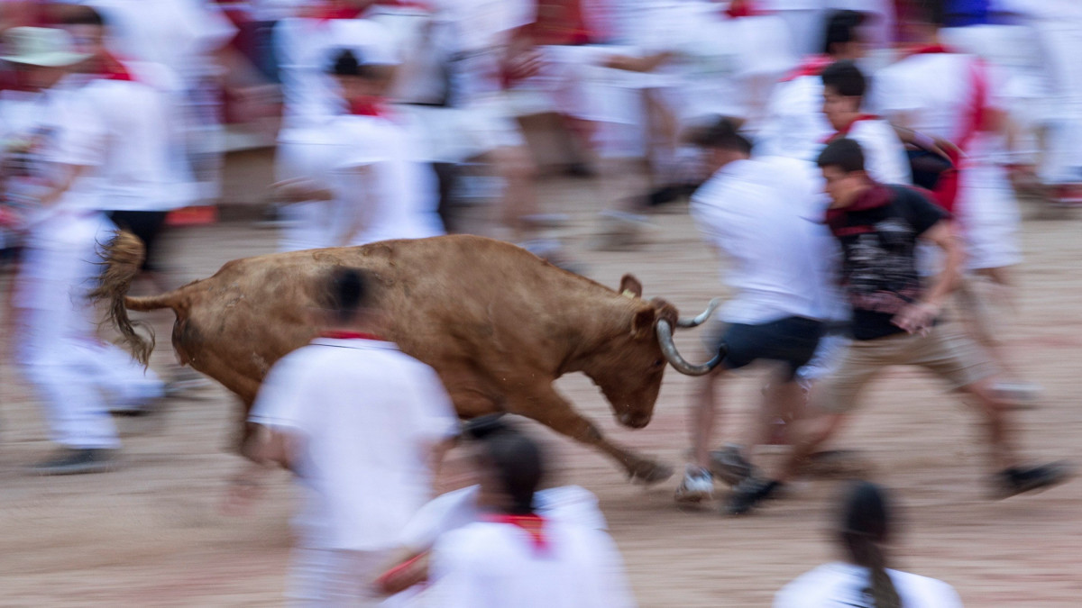 Pamplona, 2018 július 14.Futók menekülnek az egyik bika elől a San Fermín-fesztivál nyolcadik, utolsó bikafuttatásán Pamplonában 2018. július 14-én. A spanyol város védőszentjének tiszteletére 1591 óta évente megrendezett kilencnapos fiesta egyik fő attrakciója a reggelenkénti bikafuttatás, amelynek során férfiak százai teszik próbára bátorságukat azzal, hogy az arénába hajtott állatok előtt végigszaladnak Pamplona utcáin. (MTI/EPA/Rodrigo Jiménez)
