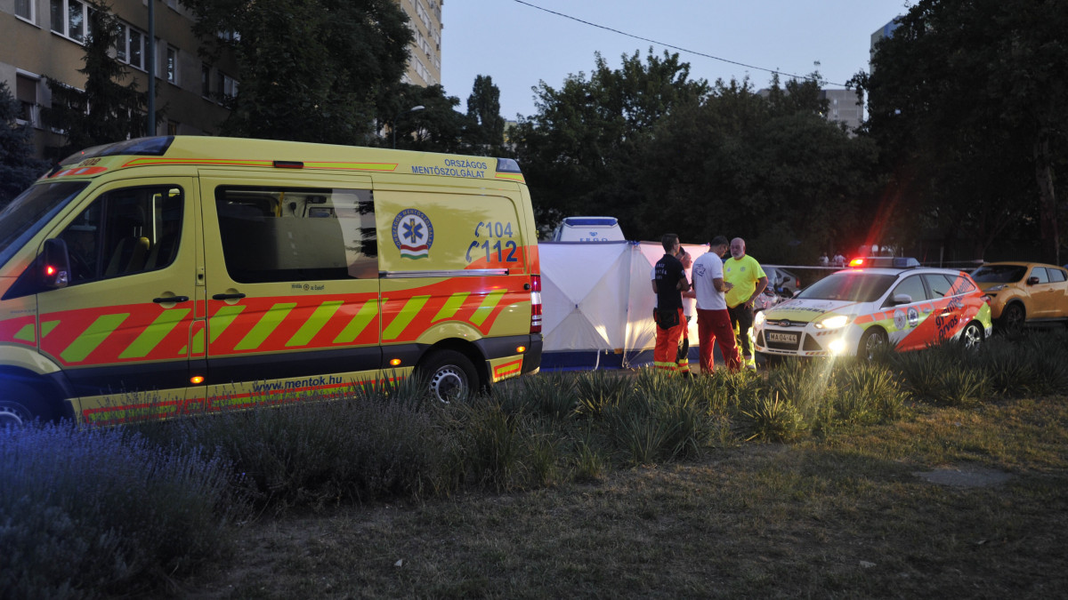 Mentők és baleseti helyszínelők 2019. augusztus 31-én Budapest XIV. kerületében, a Vezér utca és a Füredi utca kereszteződésénél, ahol gyermeket gázolt halálra egy autó.