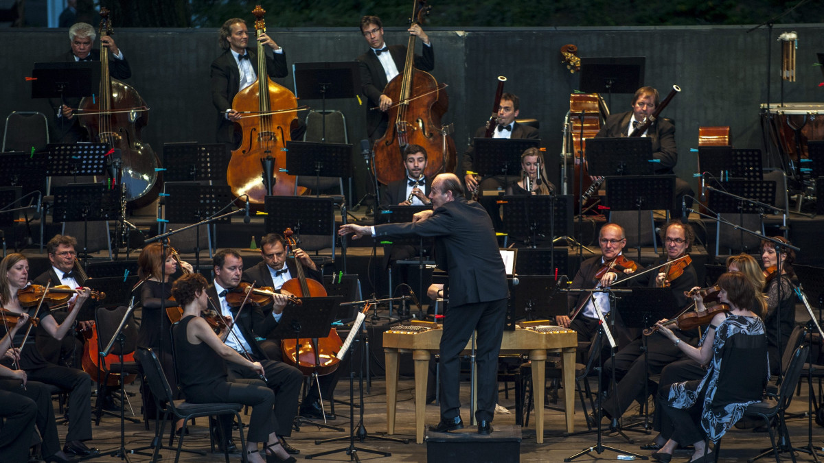 Takács-Nagy Gábor karmester és a Budapesti Fesztiválzenekar a Szabadság napi ünnepi koncerten a Margitszigeti Szabadtéri Színpadon, Budapesten 2014. június 19-én.