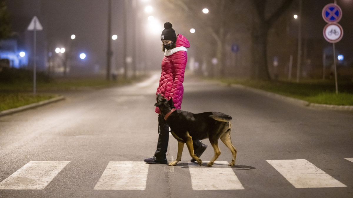 Vincze Enikő Luna nevű kutyáját sétáltatja a kijárási tilalom idején Nyíregyházán 2020. november 25-én. A koronavírus-járvány második hulláma miatt november 11. óta este 8 és hajnali 5 óra között kijárási tilalom van érvényben Magyarországon. Kutyát a tilalom ideje alatt is lehet sétáltatni a lakóhely 500 méteres körzetében.