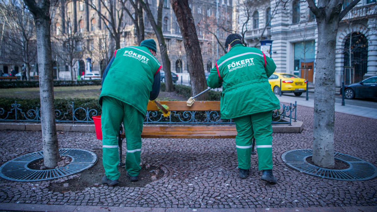 Madárürülékkel szennyezett padot mosnak le a Főkert Nonprofit Zrt munkatársai a belvárosi Szabadság téren 2020. január 29-én. A Főkert közlése szerint az elmúlt hetekben a társaság kezelésében álló parkot és annak nagyobb fáit vetési varjak (Corvus frugilegus) kezdték el rendszeresen látogatni. A védett madarak jelentősebb számban csupán az október közepétől február második feléig tartó időszakban tartózkodnak a fővárosban, költőfajként már több mint két évtizede eltűntek Budapestről. A társaság fenntartása alá eső területekről február első hetében ideiglenesen begyűjtik a nagyobb csapatok után rendszeresen feltűnő ürülékkel beszennyeződő utcabútorokat, majd a madarak elvonultát követően visszahelyezik. A padokat az eltávolításig rendszeresen takarítják.