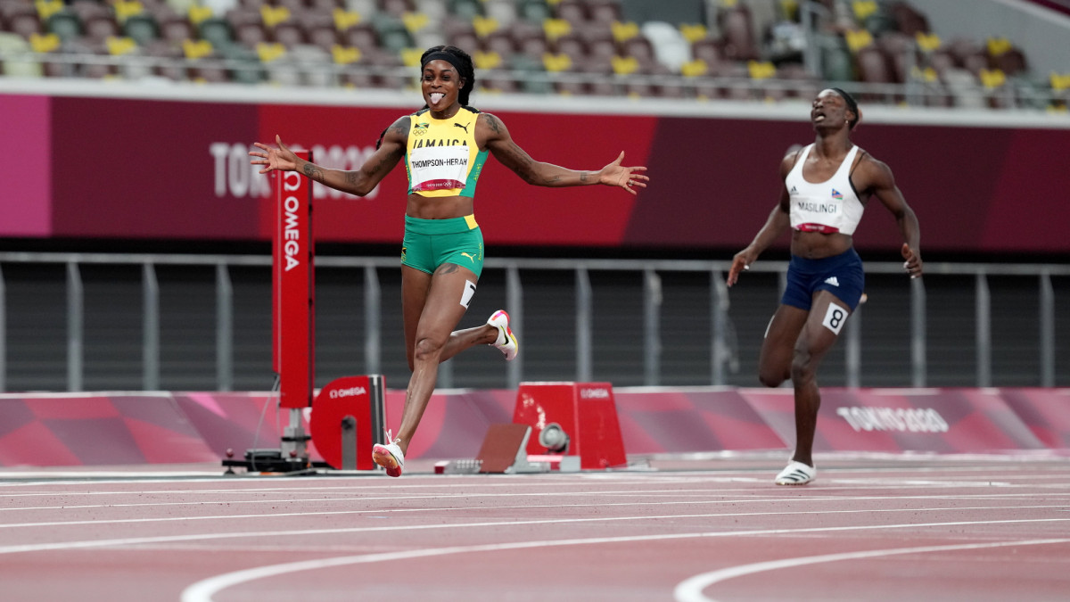 Jamaicas Elaine Thompson-Herah celebrates after the Womens 200m Final during the Athletics at the Olympic Stadium on the eleventh day of the Tokyo 2020 Olympic Games in Japan. Picture date: Tuesday August 3, 2021. (Photo by Martin Rickett/PA Images via Getty Images)