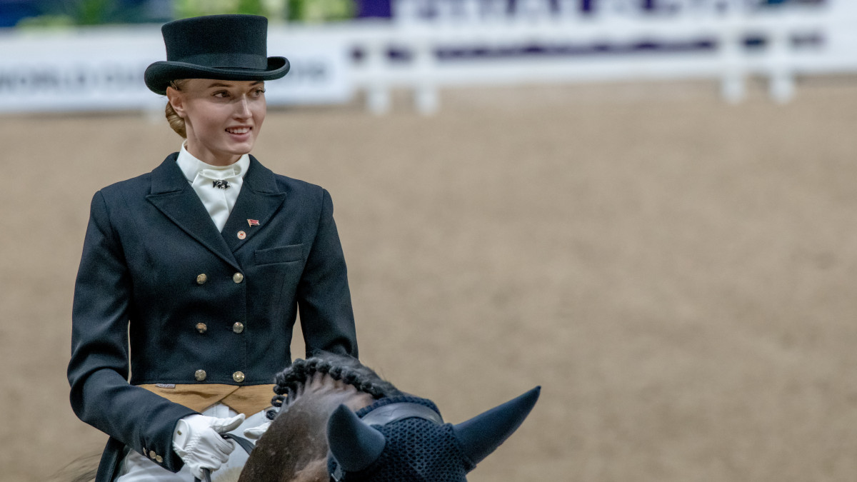 GOTHENBURG, SWEDEN - APRIL 05:  Dressage rider Olga Safronova on Sandro D Amour, starting for Belorussia, competes in the Dressage Grand Prix held at the Gothenburg Horse Show 2019 during Longines FEI Jumping World Cup Final on April 05, 2019 at Scandinavium Arena in Gothenburg, Sweden. (Photo by Julia Reinhart/Getty Images)