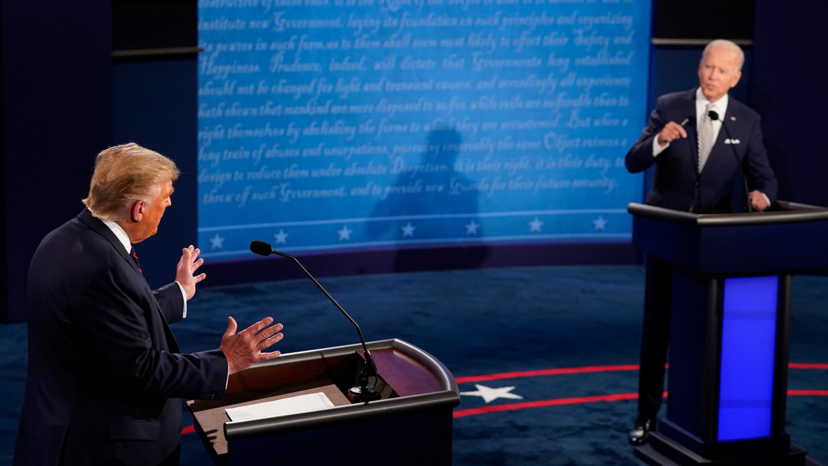 CLEVELAND, OHIO - SEPTEMBER 29:  U.S. President Donald Trump and former Vice President and Democratic presidential nominee Joe Biden speak during the first presidential debate at the Health Education Campus of Case Western Reserve University on September 29, 2020 in Cleveland, Ohio. This is the first of three planned debates between the two candidates in the lead up to the election on November 3. (Photo by Morry Gash-Pool/Getty Images)
