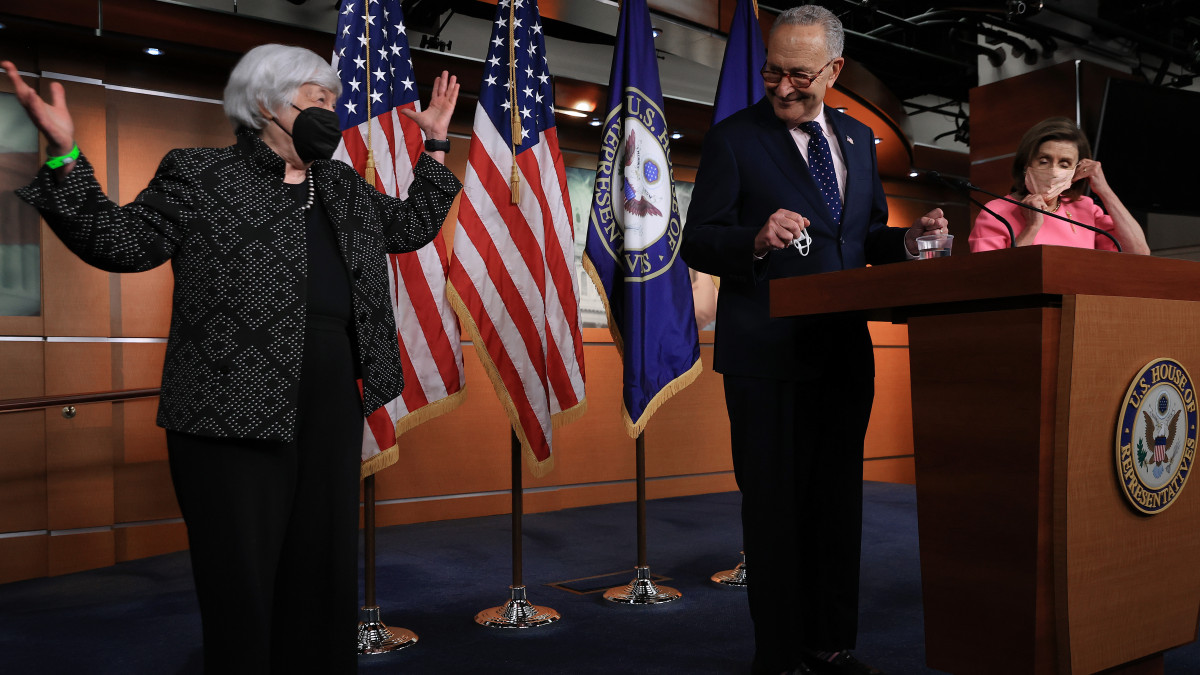 WASHINGTON, DC - SEPTEMBER 23: (L-R) Treasury Secretary Janet Yellen briefly joins Senate Majority Leader Charles Schumer (D-NY) and Speaker of the House Nancy Pelosi (D-CA) during a news conference at the U.S. Capitol on September 23, 2021 in Washington, DC. Pelosi, Senate Majority Leader Charles Schumer and moderate and progressive Congressional Democrats met with President Joe Biden at the White House Wednesday in an attempt to hammer out a deal on infrastructure and budget legislation. (Photo by Chip Somodevilla/Getty Images)