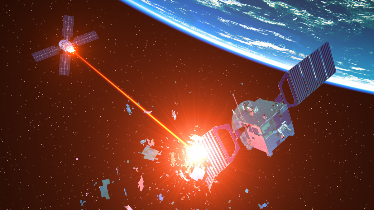 Military Spaceship Shoots Down An Enemy Satellite With A Laser Beam. 3D Illustration. NASA Images NOT USED!
