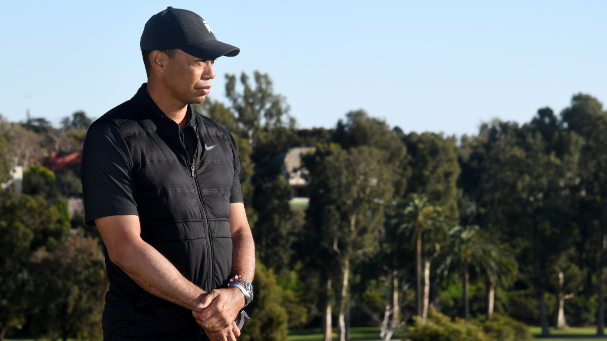 PACIFIC PALISADES, CALIFORNIA - FEBRUARY 21: Tiger Woods on hand at the trophy presentation ceremony after the final round of the Genesis Invitational at Riviera Country Club on February 21, 2021 in Pacific Palisades, California. (Photo by Harry How/Getty Images)