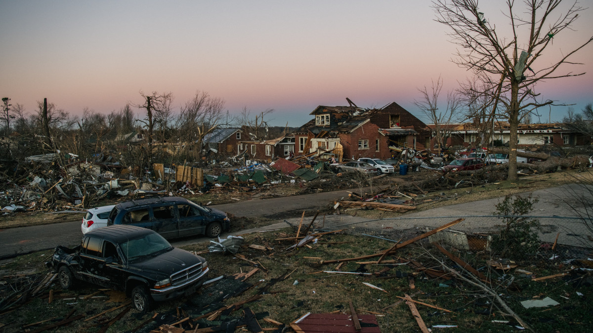 MAYFIELD, KENTUCKY - DECEMBER 13: A destroyed neighborhood is seen on December 13, 2021 in Mayfield, Kentucky.  Multiple tornadoes struck several Midwest states late evening on December 10, causing widespread destruction and multiple casualties.  (Photo by Brandon Bell/Getty Images)