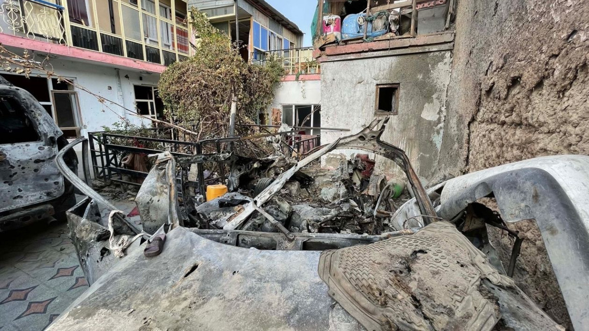 KABUL, AFGHANISTAN - SEPTEMBER 11: A view of the damage at Zemari Ahmadi family house after a drone strike one day before the final US evacuation flights from Kabul on September 11, 2021 in Kabul, Afghanistan. Zemari Ahmadi and nine members of his family, including seven children, were reported killed in the airstrike on August 29. (Photo by Haroon Sabawoon/Anadolu Agency via Getty Images)