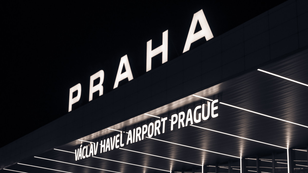 Night view of International airport in Prague, Czech Republic. Vaclav Havel airport Prague