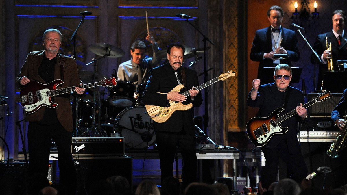 Inductees Bob Spalding, Leon Taylor (drums), Nokie Edwards and Don Wilson of The Ventures perform on stage during the 23rd Annual Rock and Roll Hall of Fame Induction Ceremony at the Waldorf Astoria on March 10, 2008 in New York City. (Photo by Dimitrios Kambouris/WireImage)