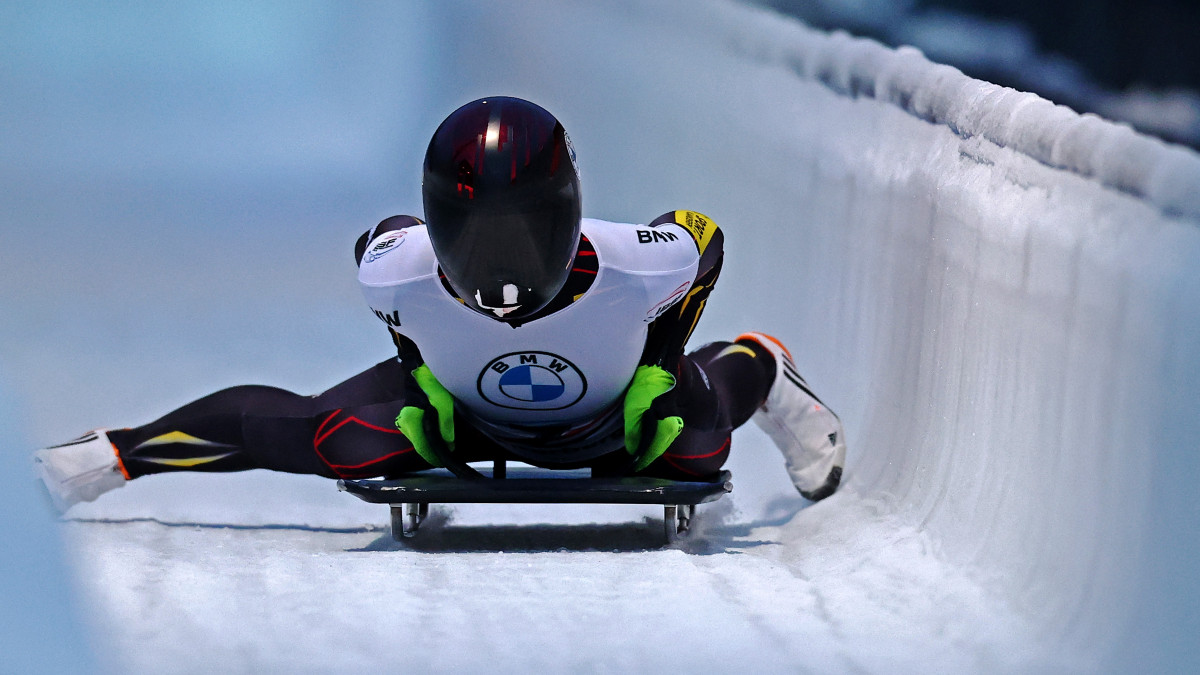 WINTERBERG, GERMANY - DECEMBER 10:  Kim Meylemans of Belgium competes in the Womens Skeleton during the BMW IBSF World Cup Bob & Skeleton 2021/22 at Veltins Eis-Arena on December 10, 2021 in Winterberg, Germany. (Photo by Dean Mouhtaropoulos/Getty Images)