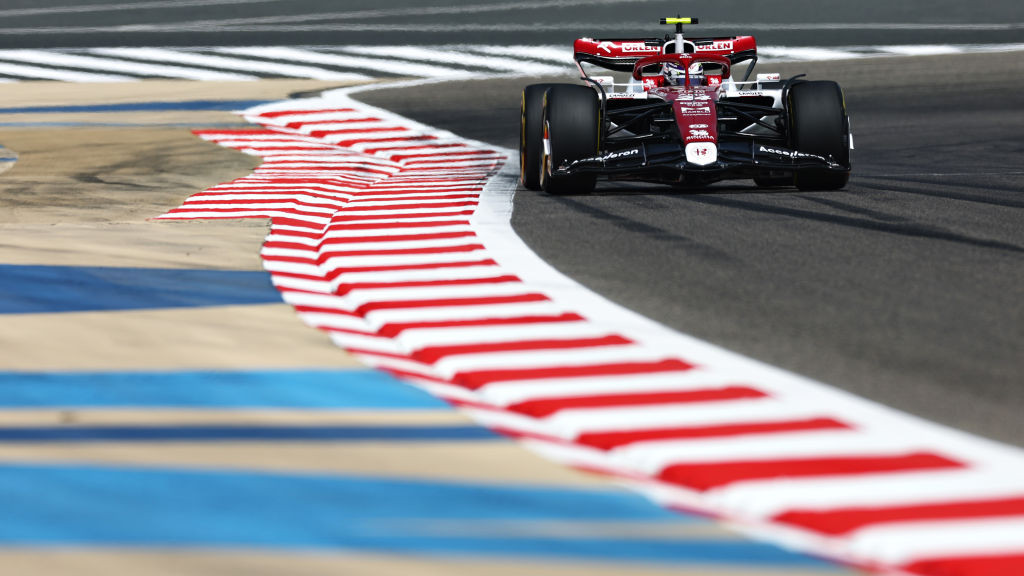 BAHRAIN, BAHRAIN - MARCH 10: Zhou Guanyu of China driving the (24) Alfa Romeo F1 C42 Ferrari during Day One of F1 Testing at Bahrain International Circuit on March 10, 2022 in Bahrain, Bahrain. (Photo by Lars Baron/Getty Images)