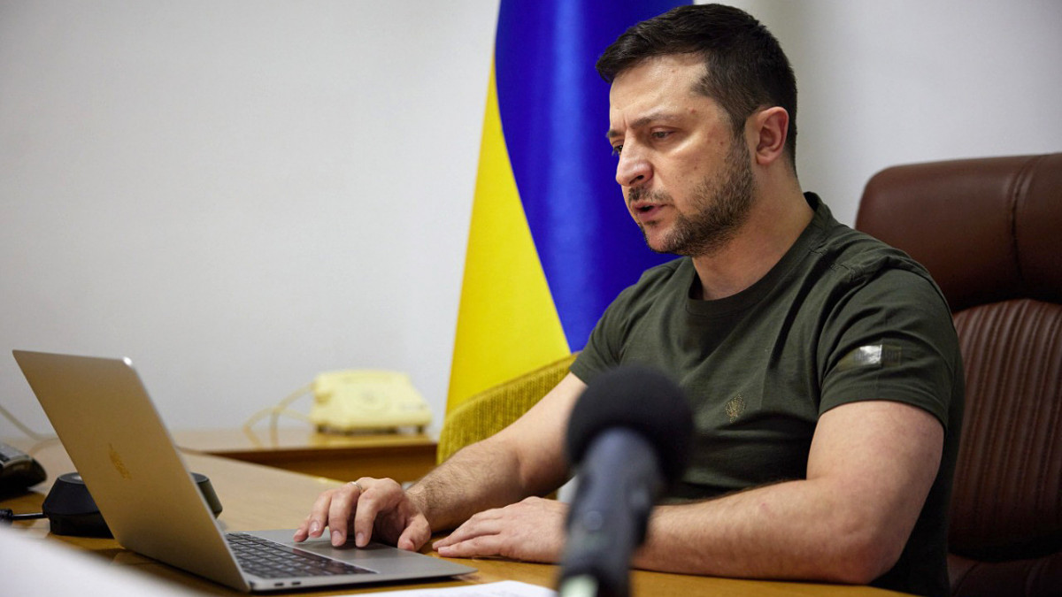 KYIV, UKRAINE - MARCH 8, 2022 - President of Ukraine Volodymyr Zelenskyy addresses the House of Commons of the UK, Kyiv, capital of Ukraine. The photo is courtesy of the Office of the President of Ukraine. (Photo credit should read UKRINFORM/ Ukrinform/Future Publishing via Getty Images)