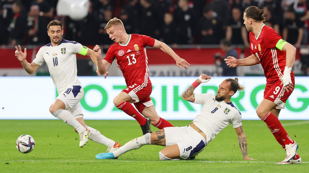 BUDAPEST, HUNGARY - MARCH 24: Andras Schaefer of Hungary is challenged by Nemanja Gudelj of Serbia during the international friendly match between Hungary and Serbia at Puskas Arena on March 24, 2022 in Budapest, Hungary. (Photo by Laszlo Szirtesi/Getty Images)