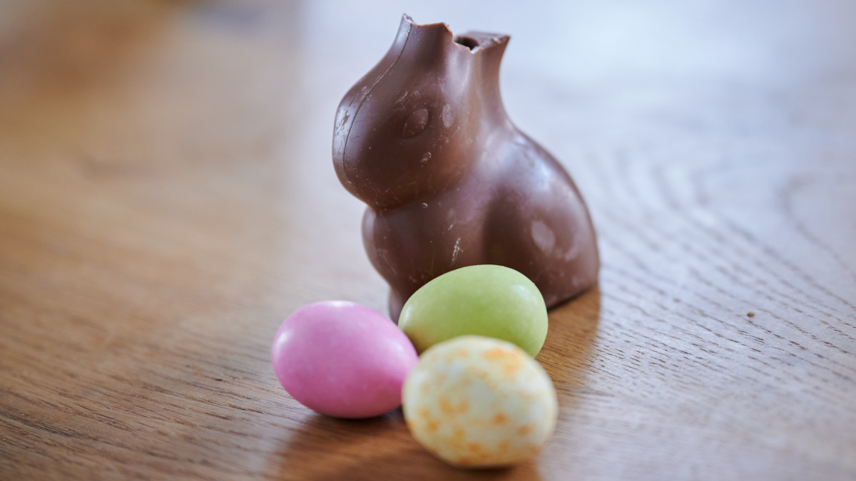 PRODUCTION - 01 April 2022, Berlin: ILLUSTRATION - A broken chocolate bunny and chocolate eggs are standing and lying on a table. (posed scene) Photo: Annette Riedl/dpa (Photo by Annette Riedl/picture alliance via Getty Images)