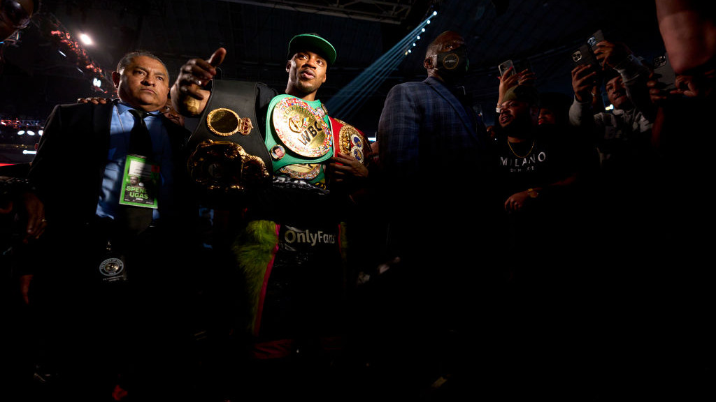 ARLINGTON, TX - APRIL 16:  Errol Spence Jr. celebrates after defeating Yordenis Ugas at AT&T Stadium on April 16, 2022 in Arlington, Texas.  (Photo by Cooper Neill/Getty Images)