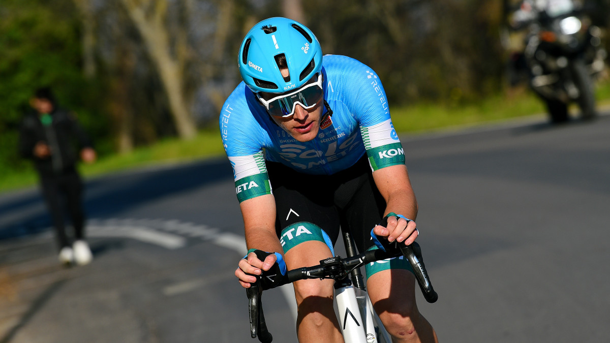 LONGIANO, ITALY - MARCH 23: Erik Fetter of Hungary and Eolo-Kometa Cycling Team attacks in the breakaway during the 36th Settimana Internazionale Coppi e Bartali 2022 - Stage 2 a 165.9km stage from Riccione to Longiano 156m / #CoppieBartali / on March 23, 2022 in Longiano, Italy. (Photo by Dario Belingheri/Getty Images)