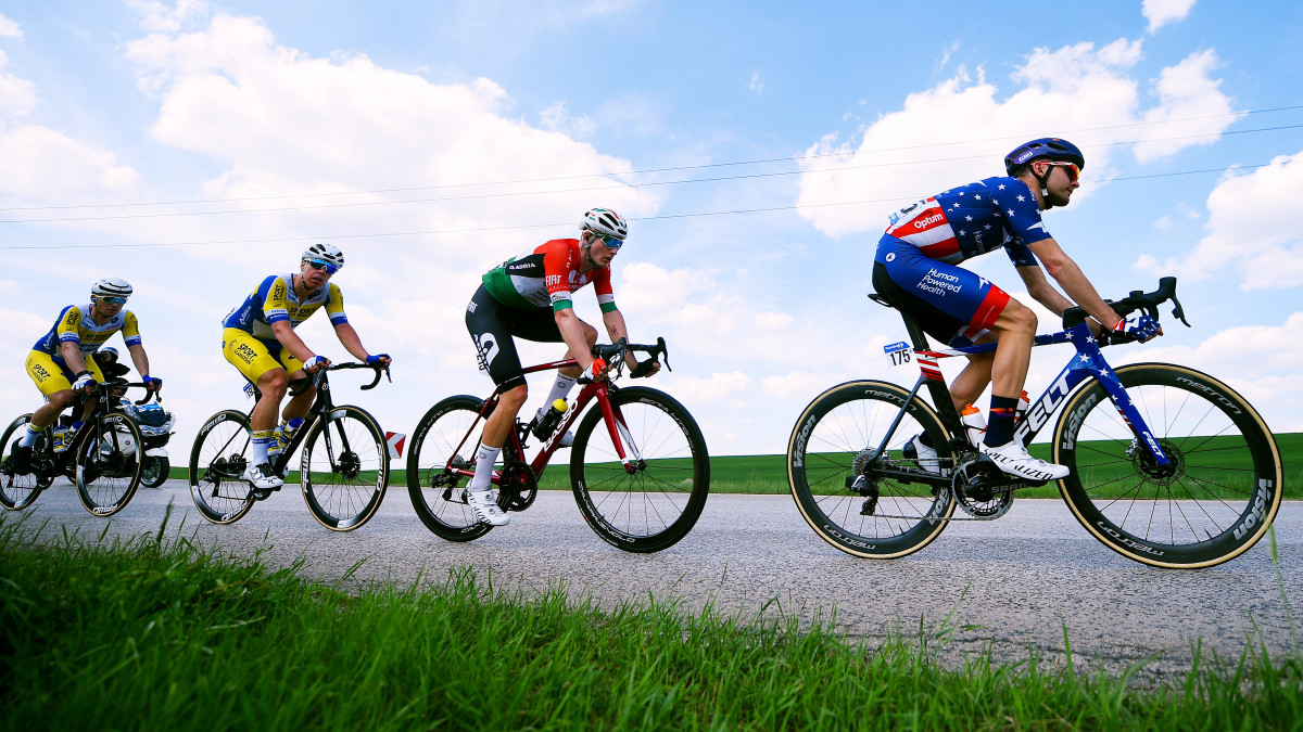 SZEKESFEHERVAR, HUNGARY - MAY 11: (L-R) Aaron Van Poucke of Belgium, Jens Reynders of Belgium and Team Sport Vlaanderen - Baloise, Viktor Filutas of Hungary and Team Adria Mobil, Joey Rosskopf of United States and Team Human Powered Health compete in the breakaway during the 43rd Tour de Hongrie 2022 - Stage 1 a 195km stage from Csakvar to Szekesfehervar / #tourdehongrie / on May 11, 2022 in Szekesfehervar, Hungary. (Photo by Dario Belingheri/Getty Images)