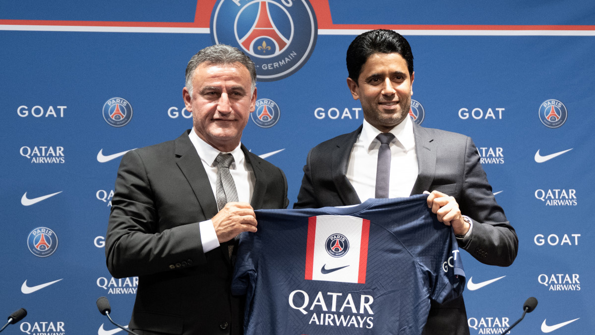 PARIS, FRANCE - JULY 5:  Christophe Galtier Head coach of PSG and Nasser Al Khelaifi President of PSG during Paris Saint-Germain Press Conference at Parc des Princes on July 5, 2022 in Paris, France. (Photo by Philip Rock/Anadolu Agency via Getty Images)