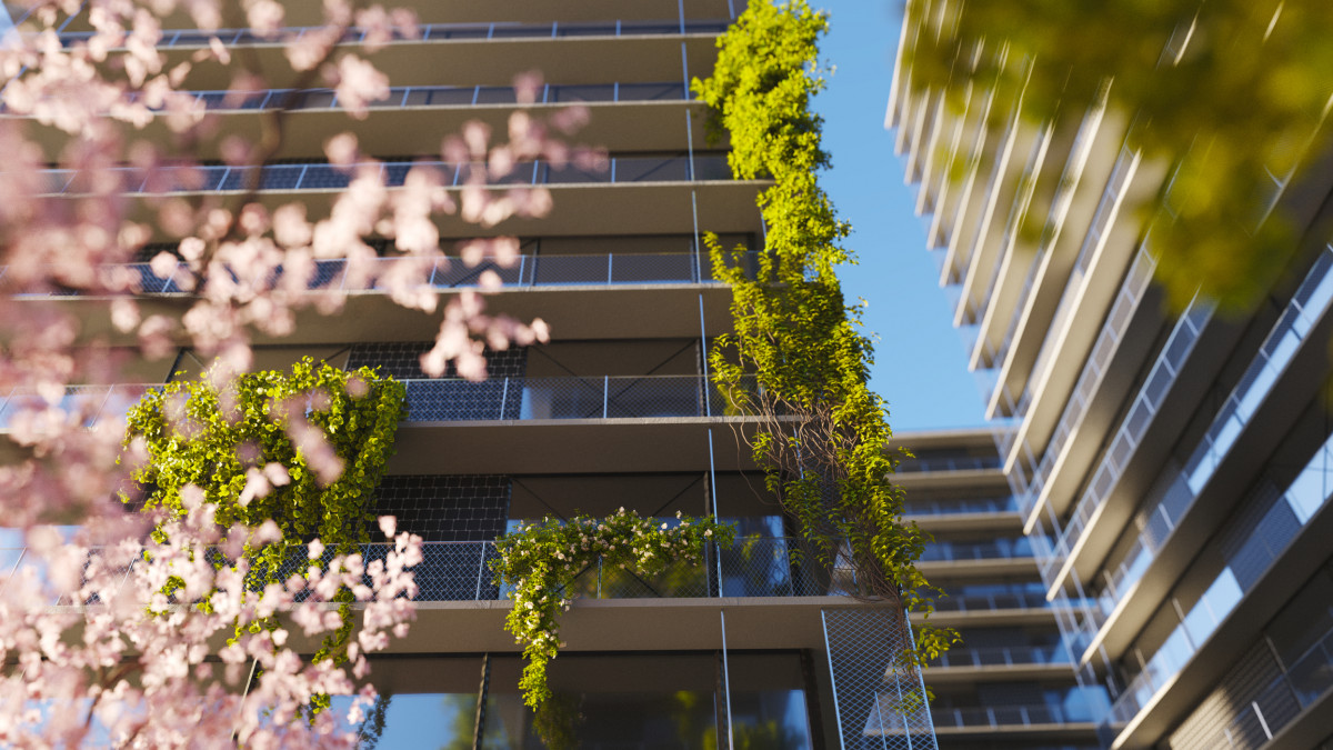 A sustainable green office or housing complex, low angle view