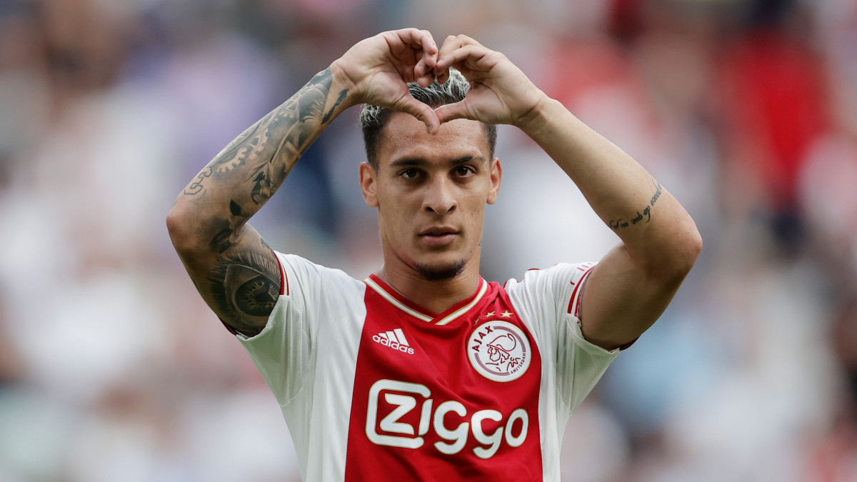 AMSTERDAM, NETHERLANDS - AUGUST 14: Antony of Ajax celebrates 2-1  during the Dutch Eredivisie  match between Ajax v FC Groningen at the Johan Cruijff Arena on August 14, 2022 in Amsterdam Netherlands (Photo by Rico Brouwer/Soccrates/Getty Images)