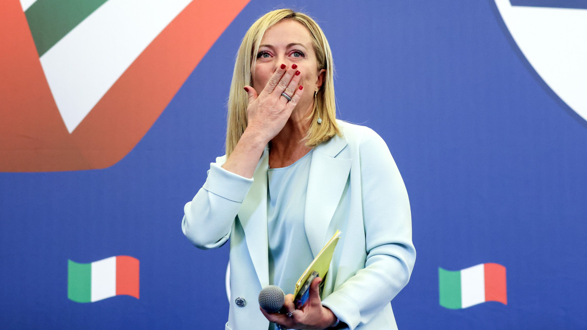 Giorgia Meloni, leader of the Brothers of Italy party, reacts at the partys general election night event in Rome, Italy, on Monday, Sept. 26. 2022. Giorgia Meloni is on track to lead Italys most right-wing government since World War II after exit polls projected a clear victory for her coalition in Sundays election. Photographer: Alessia Pierdomenico/Bloomberg via Getty Images