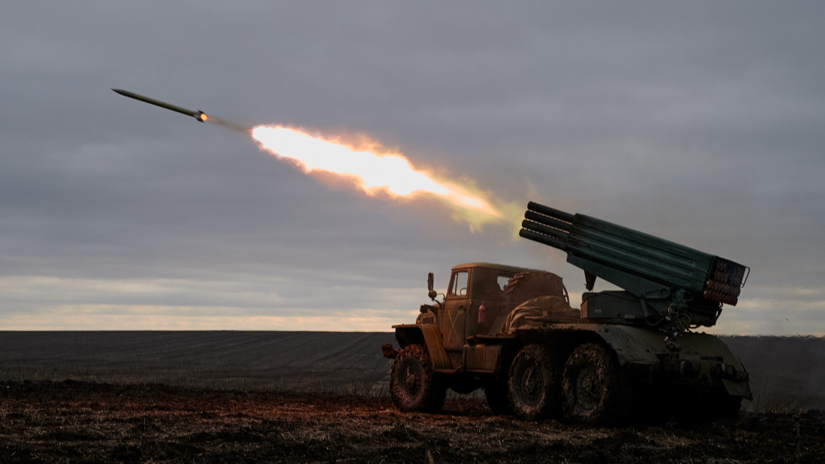 DONETSK, UKRAINE - DECEMBER 30: Soldiers of the 59th brigade of the Ukrainian Armed Forces fire grad missiles on Russian positions in Russia-occupied Donbas region on December 30, 2022 in Donetsk, Ukraine. A large swath of Donetsk region has been held by Russian-backed separatists since 2014. Russia has tried to expand its control here since the February 24 invasion.  (Photo by Pierre Crom/Getty Images)