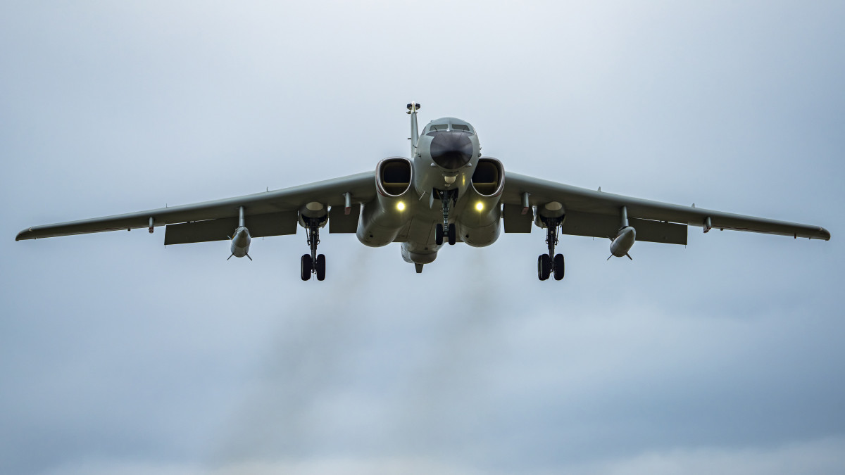 ZHUHAI, CHINA - NOVEMBER 03: A H-6K bomber arrives at Zhuhai Air Show Center on November 3, 2022 in Zhuhai, Guangdong Province of China. The 14th Airshow China will be held from Nov. 8 to 13. (Photo by VCG/VCG via Getty Images)