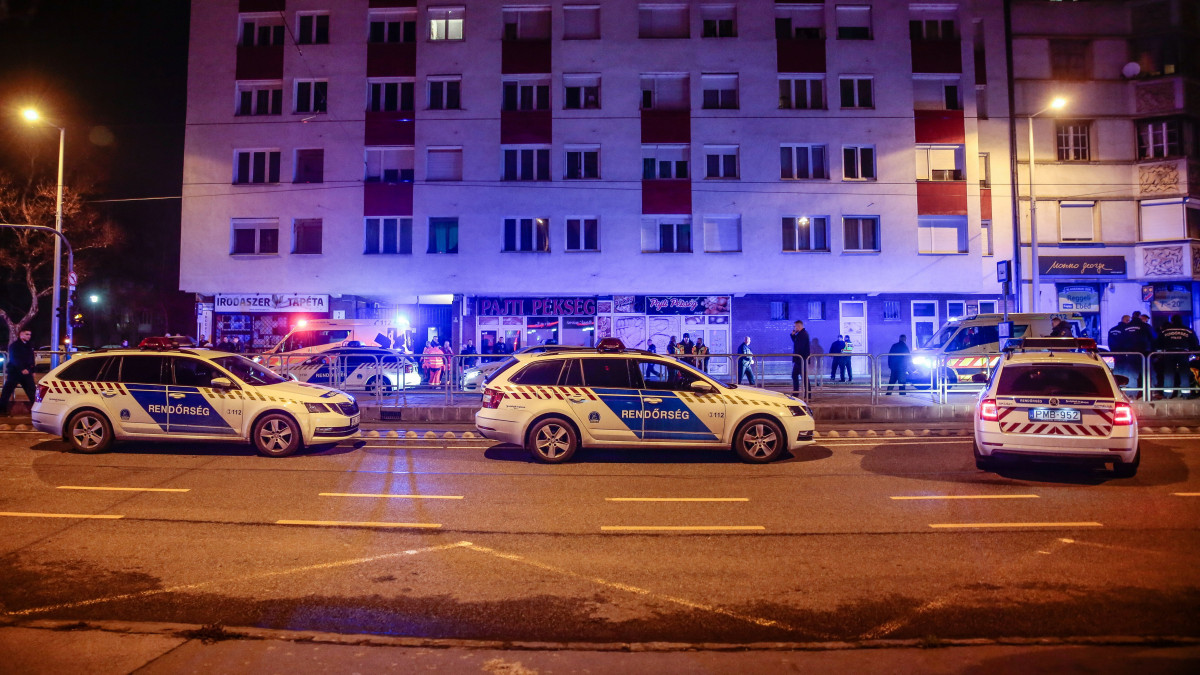 Rendőrök és mentők Budapest XI. kerületében, egy Lecke utcai társasház előtt 2023. január 12-én éjjel. Három intézkedő rendőrt késsel sebesített meg egy támadó Újbudán, egyikük belehalt sérüléseibe. A támadót elfogták.