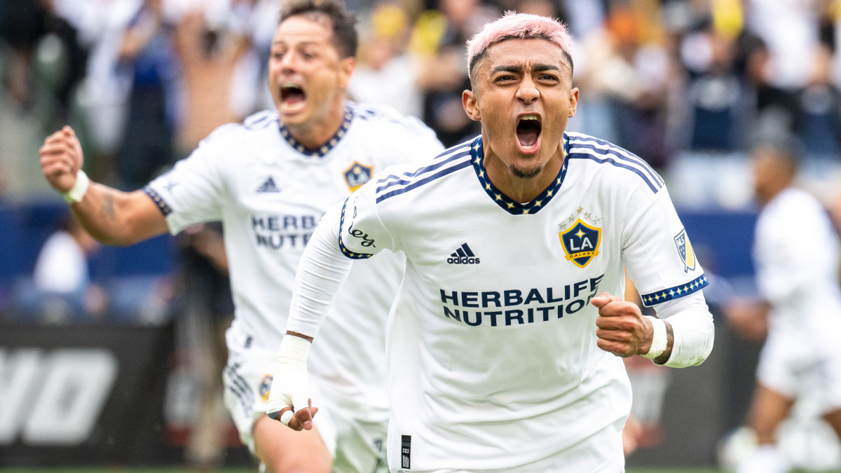 CARSON, CA - OCTOBER 15:  Julian Araujo #2 of Los Angeles Galaxy celebrates his game winning goal during the MLS Cup Round of 16 match against Nashville SC at the Dignity Health Sports Park on October 15, 2022 in Carson, California. Los Angeles Galaxy won the match 1-0 (Photo by Shaun Clark/Getty Images)