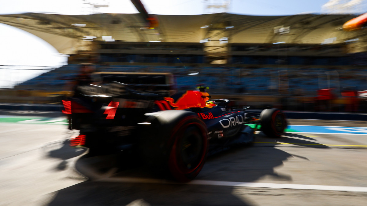 BAHRAIN, BAHRAIN - MARCH 03: Sergio Perez of Mexico driving the (11) Oracle Red Bull Racing RB19 in the garage during practice ahead of the F1 Grand Prix of Bahrain at Bahrain International Circuit on March 03, 2023 in Bahrain, Bahrain. (Photo by Mark Thompson/Getty Images)