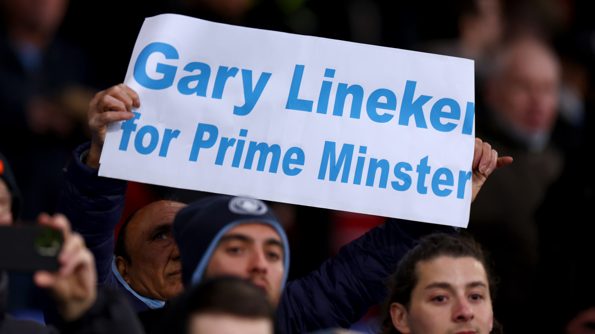 LONDON, ENGLAND - MARCH 11: A fan holds a banner reading Gary Lineker for Prime Minister prior to the Premier League match between Crystal Palace and Manchester City at Selhurst Park on March 11, 2023 in London, England. (Photo by Alex Pantling/Getty Images)