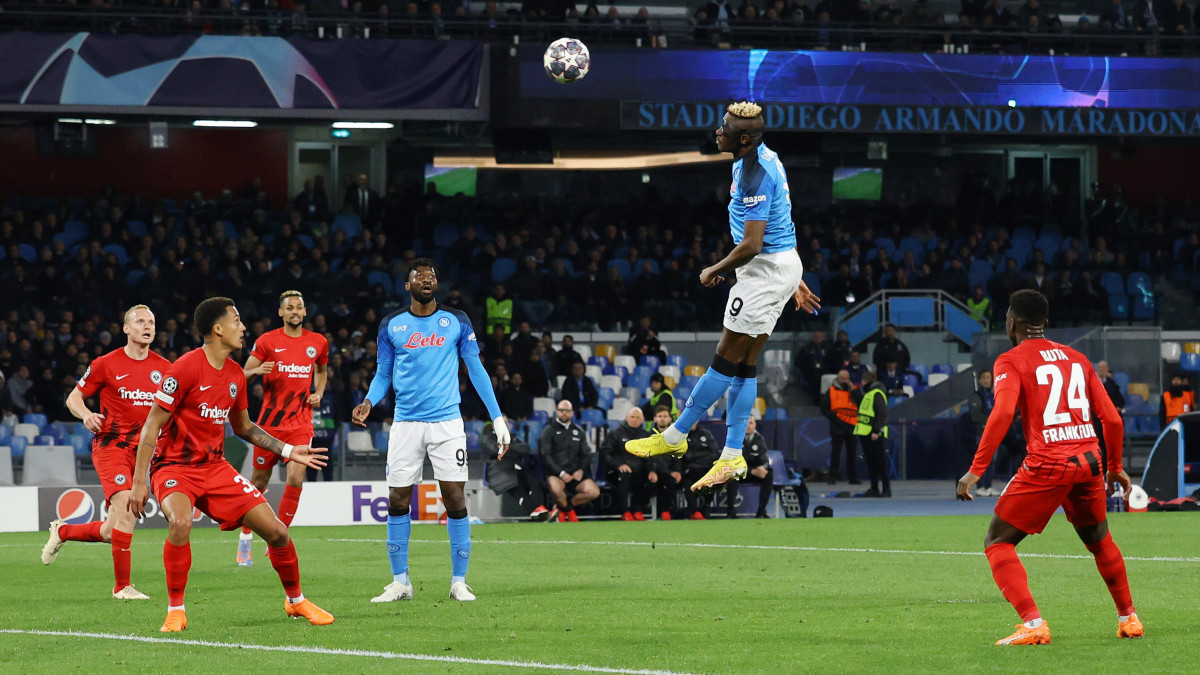 NAPLES, ITALY - MARCH 15: Victor Osimhen of SSC Napoli scores the teams first goal during the UEFA Champions League round of 16 leg two match between SSC Napoli and Eintracht Frankfurt at Stadio Diego Armando Maradona on March 15, 2023 in Naples, Italy. (Photo by Francesco Pecoraro/Getty Images)