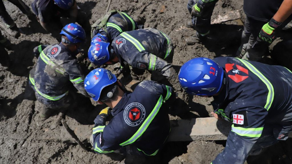 RACHA-LECHHUMI AND KVEMO SVANETI REGION, GEORGIA - AUGUST 04: (----EDITORIAL USE ONLY Ă˘ MANDATORY CREDIT - GEORGIAN INTERIOR MINISTRY / HANDOUT - NO MARKETING NO ADVERTISING CAMPAIGNS - DISTRIBUTED AS A SERVICE TO CLIENTS----) Search and rescue teams conduct operation after floods and landslides in the resort town Shovi, in Racha-Lechkhumi and Kvemo Svaneti region, Georgia on August 04, 2023. At least 11 body uncovered from a landslide and 210 people were evacuated to the safer zone said the Georgian Interior Ministry. Prime Minister of Georgia Irakli Garibashvili announced that August 7 was declared as national mourning due to the loss of life. (Photo by Georgian Interior Ministry / Handout/Anadolu Agency via Getty Images)