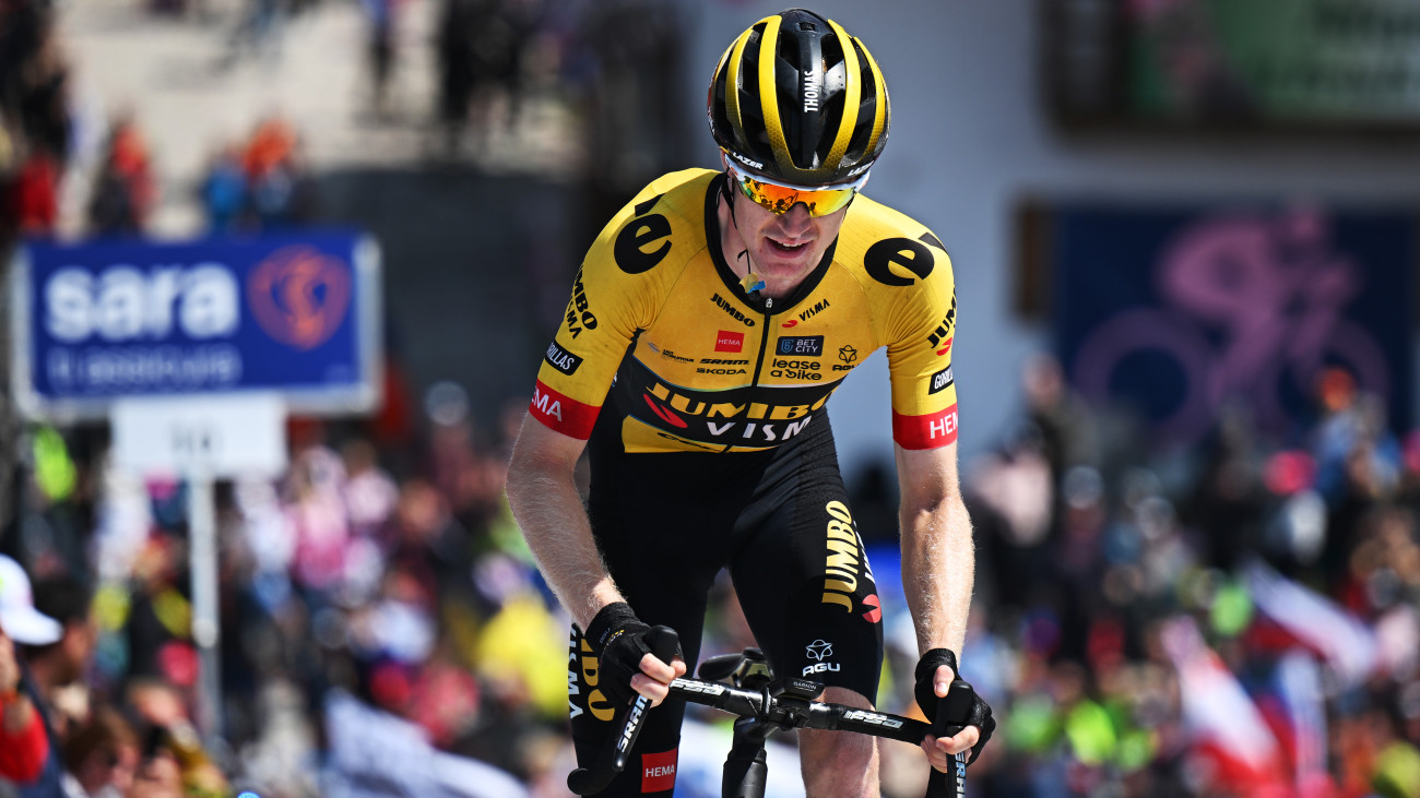 MONTE LUSSARI, ITALY - MAY 27: Thomas Gloag of The United Kingdom and Team Jumbo-Visma crosses the finish line during the 106th Giro dItalia 2023, Stage 20 a 18.6km individual climbing time trial stage from Tarvisio 750m to Monte Lussari 1744m / #UCIWT / on May 27, 2023 in Monte Lussari, Italy. (Photo by Stuart Franklin/Getty Images,)