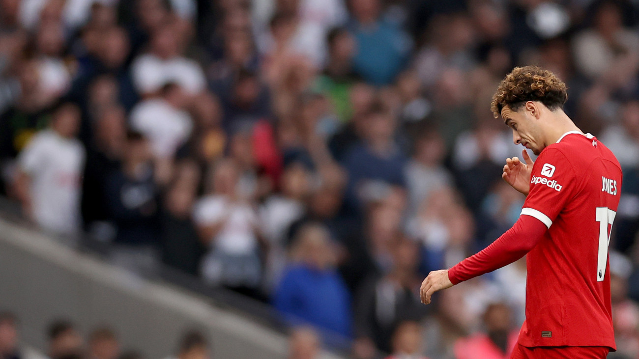 LONDON, ENGLAND - SEPTEMBER 30: Curtis Jones of Liverpool leaves the pitch after being shown a red card during the Premier League match between Tottenham Hotspur and Liverpool FC at Tottenham Hotspur Stadium on September 30, 2023 in London, England. (Photo by Ryan Pierse/Getty Images)