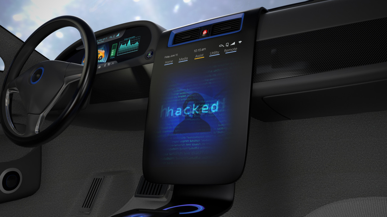 Vehicle console monitor showing screen shot of computer system was hacked. Concept for risk of self-driving car. 3D rendering image.