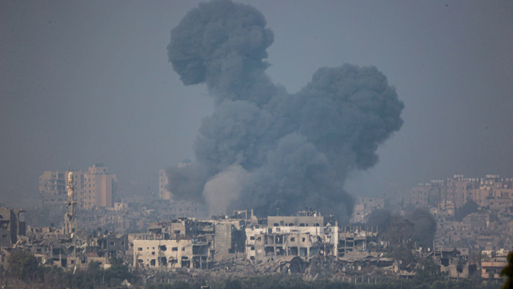 28 October 2023, Israel, Sderot: An overview of Gaza showing destroyed buildings during Israeli bombardment, amid ongoing conflict between Israel and the Palestinian group Hamas. Photo: Ilia Yefimovich/dpa (Photo by Ilia Yefimovich/picture alliance via Getty Images)