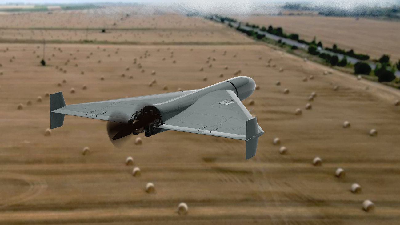 Shahed combat drone flying over fields of Ukraine, aerial view, drone attack, war in Ukraine, 3d render.