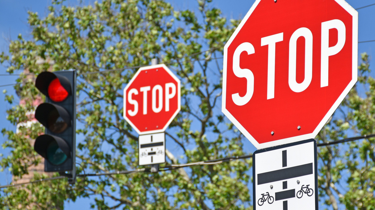 Stop signs at the road crossing